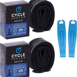 Cycle Factor 26” Mountain/Hybrid Bike Inner Tube 26x1.75/2.3 Inch Replacement, 35mm Schrader Valve - Premium Butyl Rubber Bicycle Tires, Long-Lasting 