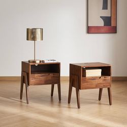 T357-Ted Solid Wood Nightstand with Charging Station, Mid Century Modern Storage Night Stand, Small Side Table Drawer, Bedside, End Table USB C & USB 