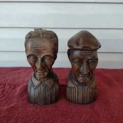 Hand Carved Wood Busts, J Alberdi, Mid-Century Carving, Old Man and Woman, Booke