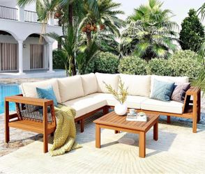 New Assembled Outdoor Acacia Wood L-Shaped Sofa Furniture Set w/ Coffee Table Woven Mesh Armrests