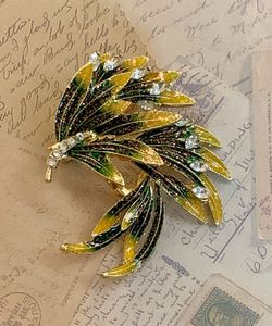 Green and Yellow Enamel Phoenix Bird Brooch Rhinestone Pin