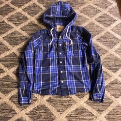 Hollister Blue Flannel Buttoned Up Drawstring Hoodie