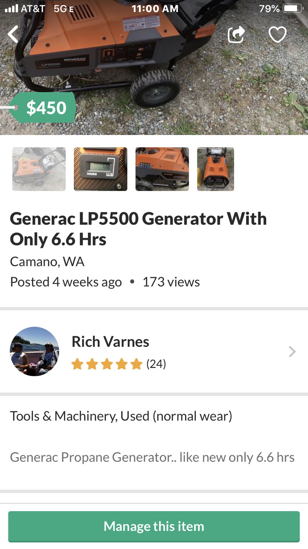 Generac LP5500 Generator With Only 6.6 Hrs