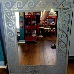 Mosaic Handmade Blue Sea Glass Tile Wall Mirror Featuring Mediterranean Design 24"×30"