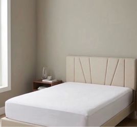 Beige Upholstered Full Bed Frame with Headboard and mattress