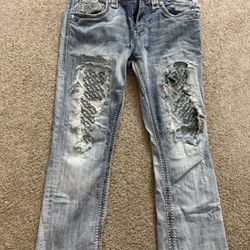 Rock Revival Tom Straight Jeans Mens 32 Distressed Embroidered Pockets