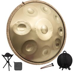 Handpan 22 inch D Minor Kurd Hand pan 9 Notes Handpan Drum Instrument for Professional Performance, 440HZ Sound Handpan Drums for Adults (Gold)