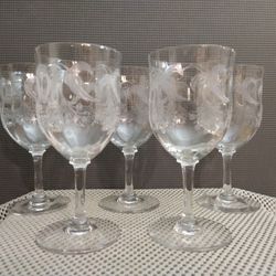 Set of 5 Vintage Etched Crystal Wine Glasses 