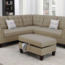Beige Sectional Sofa With Storage Ottoman Brand New 