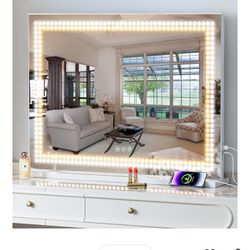Misavanity Vanity Mirror with Lights Dots 32x23 Inchs Makeup Mirror with LED Lights Tempered Glass Touch Screen Control Dimmable 3 Colors Modes USB Ch