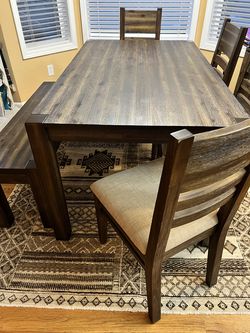 Dark Brown Dining Table - 4 Chairs, 1 Bench