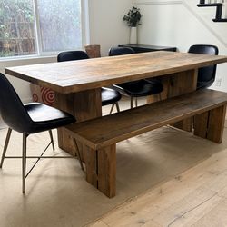 Rustic Wood Dining Table + Bench + 4 Chairs