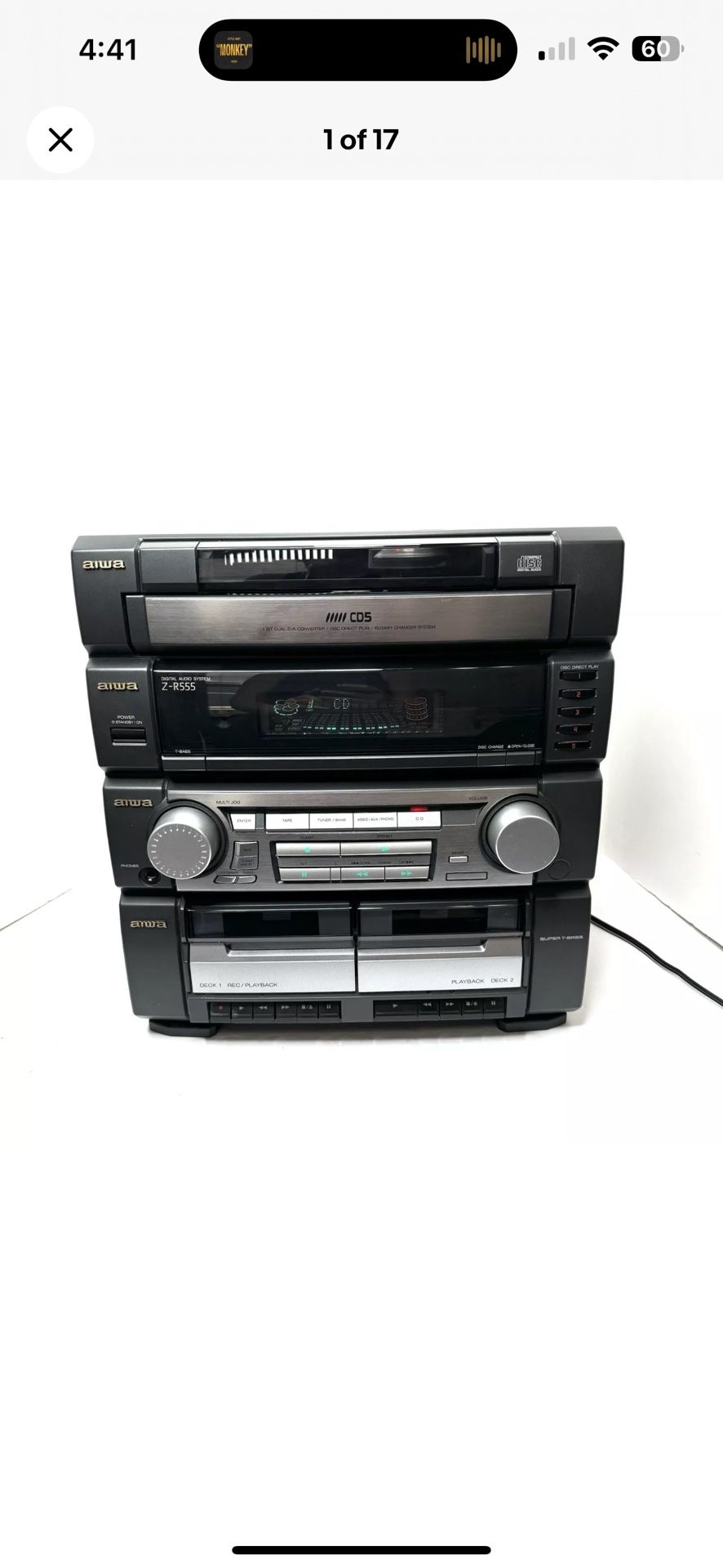 Aiwa CX-ZR555U 5-CD Disc Compact Stereo Cassette Receiver Super T Bass-For Parts