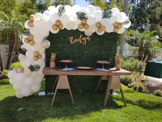 7×7 greenary backdrop or grass wall, balloon garlands