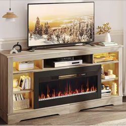 71 in. Wash Gray Freestanding Electric Fireplace TV Stand Fits TV Up to 75 in. Entertainment Center with Cabinet