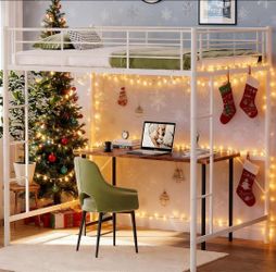 VINGLI Full Size Metal Loft Bed with Dual Stair Design – White –
