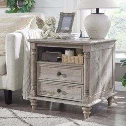 E63 $65  Wood Nightstand with Charging Station for Bedroom, Farmhouse End Side Table with 2 Drawers for Living Room, Tall Rustic Wood Square Nightstan