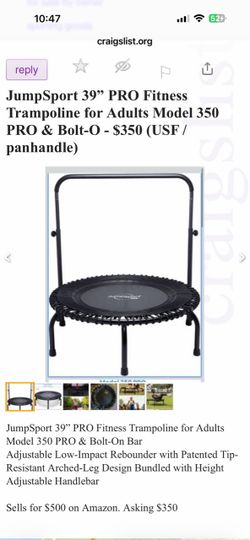 JumpSport 39” PRO Fitness Trampoline for Adults Model 350 PRO & Bolt-On Bar