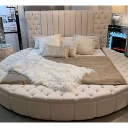 Modern elegant ivory Boucle fabric round Queen  bed frame with storage