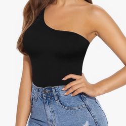 $5 Large Black Women's One Shoulder Off Shoulder Long Sleeve Bodysuit Tops