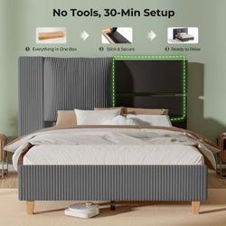 Queen Size Bed Frame with 51" Tall Headboard, Upholstered Corduroy Platform Bed, Easy Assembly, No Box Spring Needed，Gray