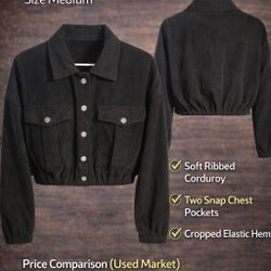 Women’s Black Cropped Corduroy Button-Up Jacket – Size Medium