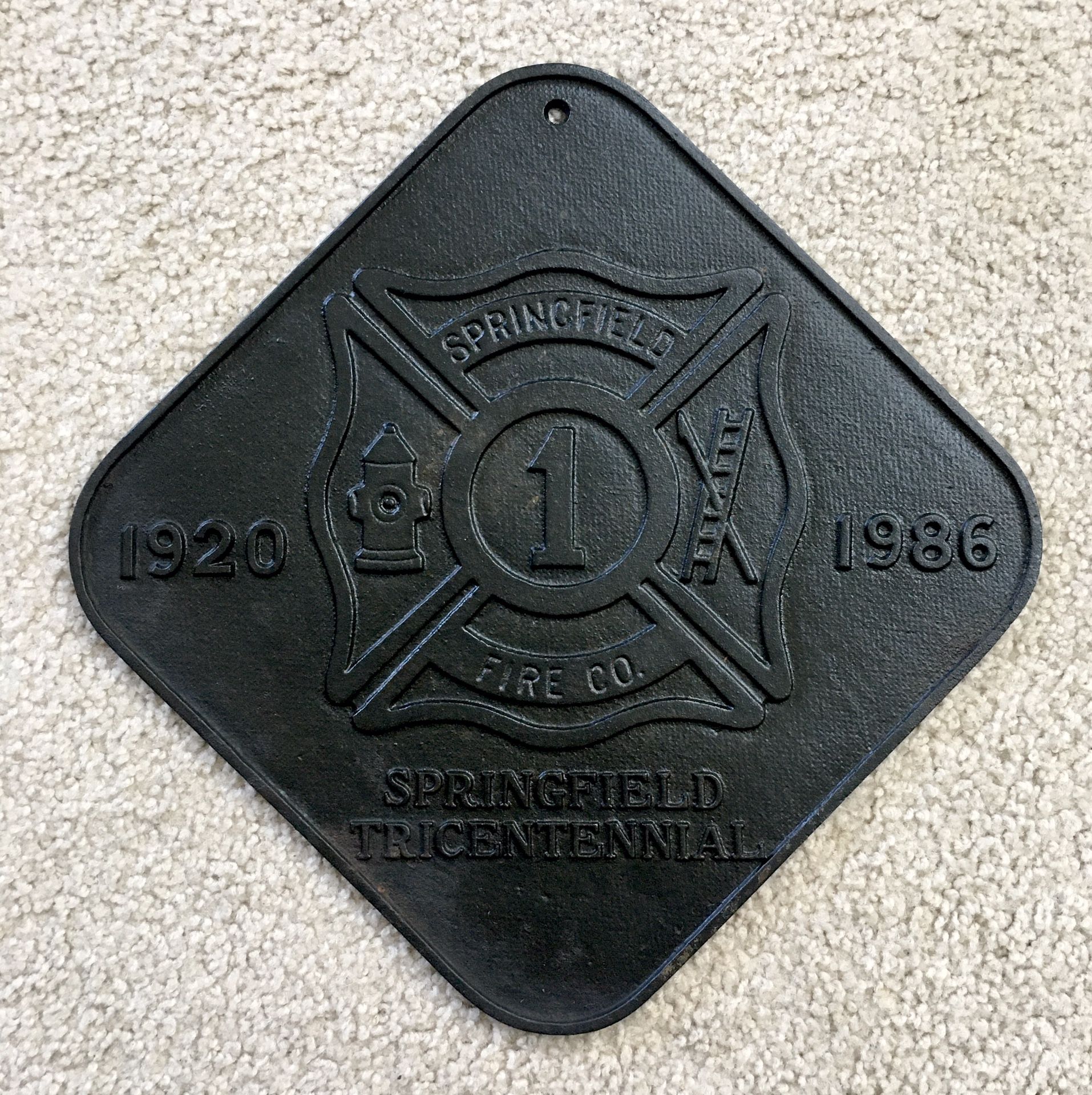 Vintage Springfield PA Cast Iron Tricentennial Plaque - Springfield Fire Co.