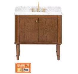 H DC Collette 36" Single Sink Connamon Oak Bath Vanity With Carrera White Marble Top - R