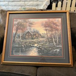 Solid Oak Framed Art Framed And Matted 36 1/2 Wide By 30 1/2 Tall Beautiful Scenery