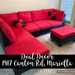 New Red And Black, L-Shaped, Sectional Sofa, Ottoman Extra