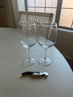Wine glasses + wine opener