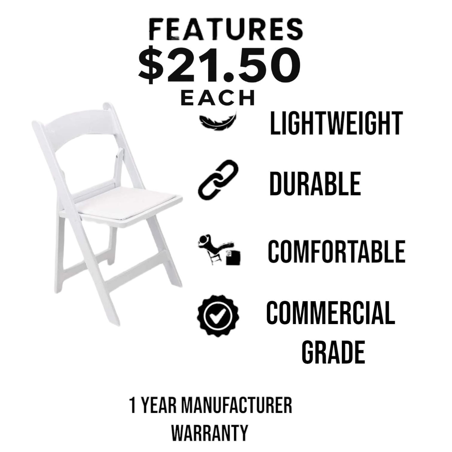 Brand New White Resin Chairs – $21.50 Each | 1102 Lbs Capacity | 1-Year Warranty Wholesale Price