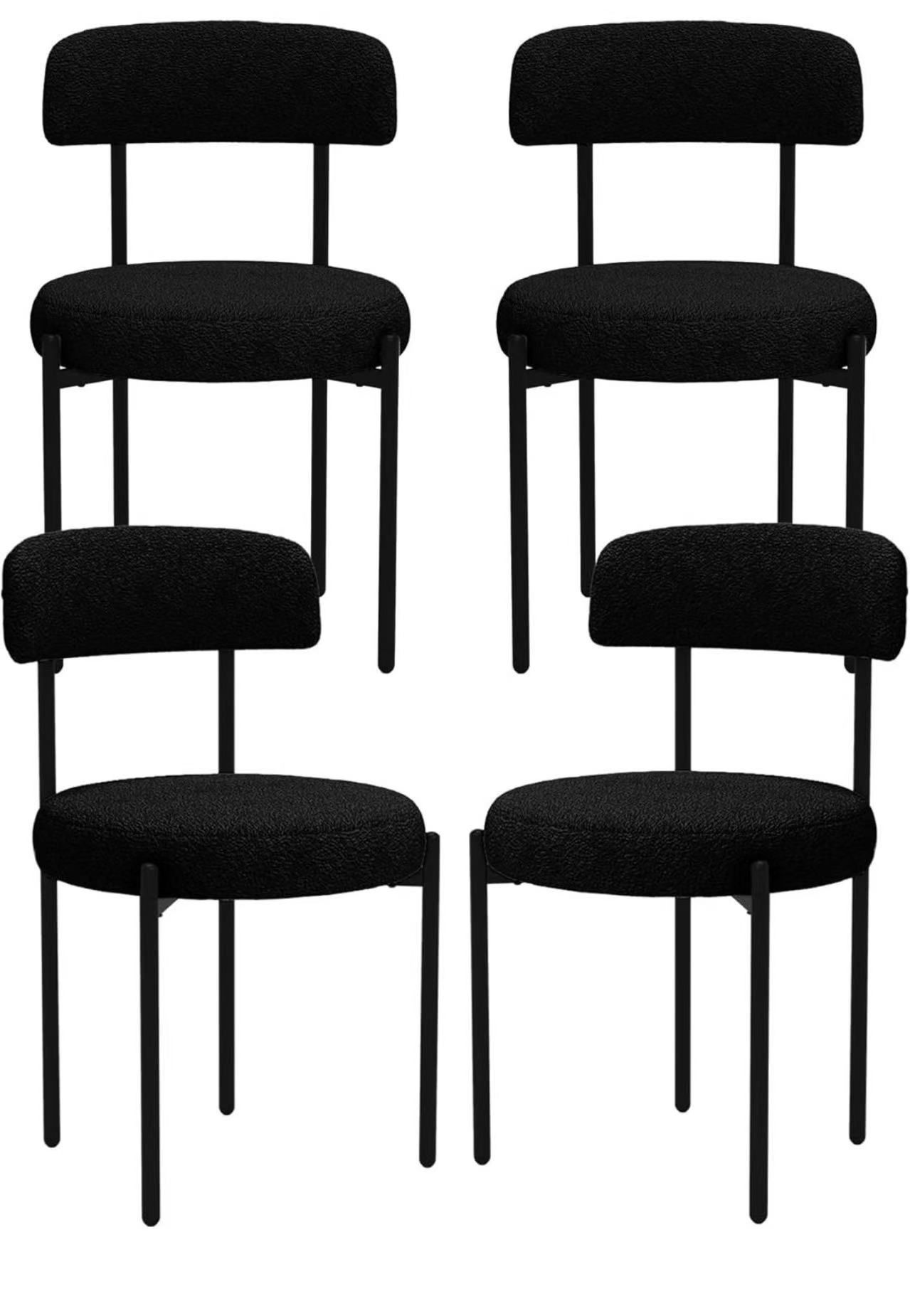 Black Dining Chairs Set of 4, Modern Comfy Boucle Dining Room Chairs with Curved Backrest, Sherpa Upholstered Kitchen Dining Chair with Black Metal Le