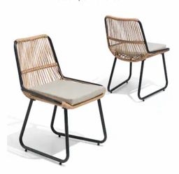4pcs Rattan Black Steel Frame Stationary Dining Chair with Beige