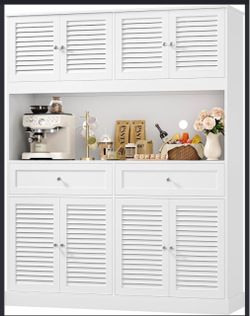 Detailed: Modern White Kitchen Pantry / Hutch with Coffee Bar, 8 Doors & 2 Drawers