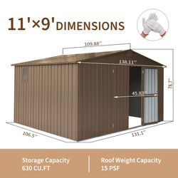 Backyard Storage Shed 11'x 9' with Galvanized Steel Frame & Windows, Outdoor Garden Shed Metal Utility Tool Storage Room with Lockable Door for Patio(