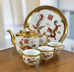Vintage Chinese Dragon Phoenix Double Happiness Porcelain Tea Set Tray