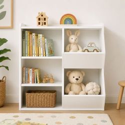 208 Side-by-Side Combo Bin Unit and Book Shelf for Kids - Toy Storage Cubby Organizer with Shelves and Bins - White