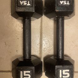 PAIR  OF  15  LB.  STEEL  HEX  DUMBBELLS 