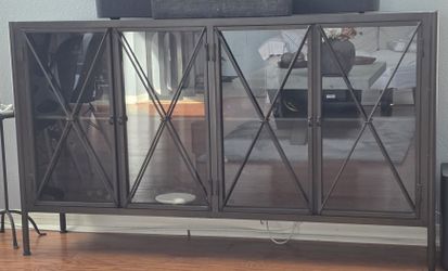 Modern Metal Display Stand in Black with Glass Doors and Shelves