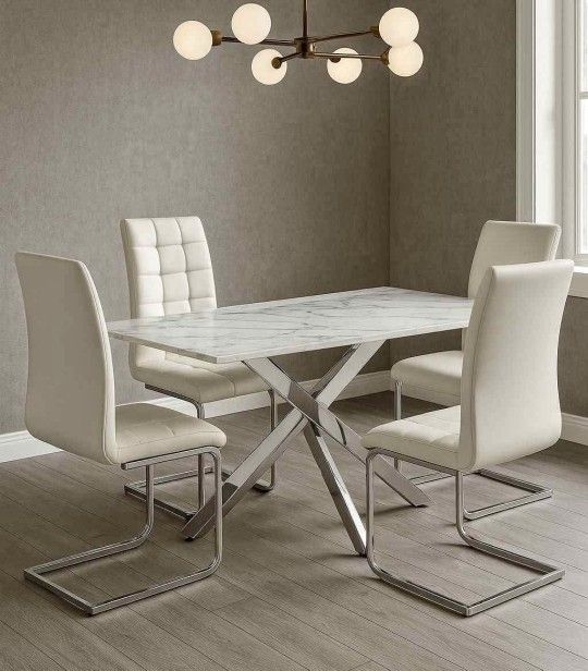 New Dining Table Marble Top Set 4 Chairs White New