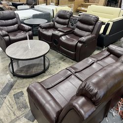 Leather Recliner 3 Pcs Sofa Set With Bluetooth Speaker And Lights