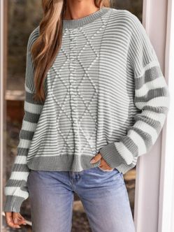 New Gray Striped Cable Knit Crewneck Sweater