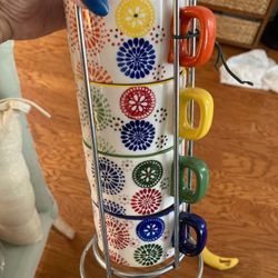 Pier 1 Imports hand-Painted Stone stacking coffee mugs w/rack lot of 4