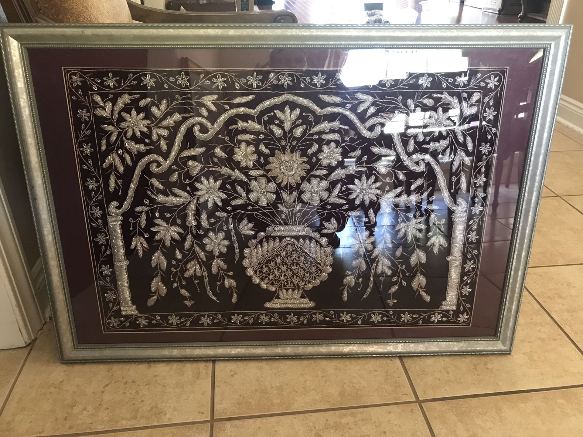 Framed Indian art burgundy an silver