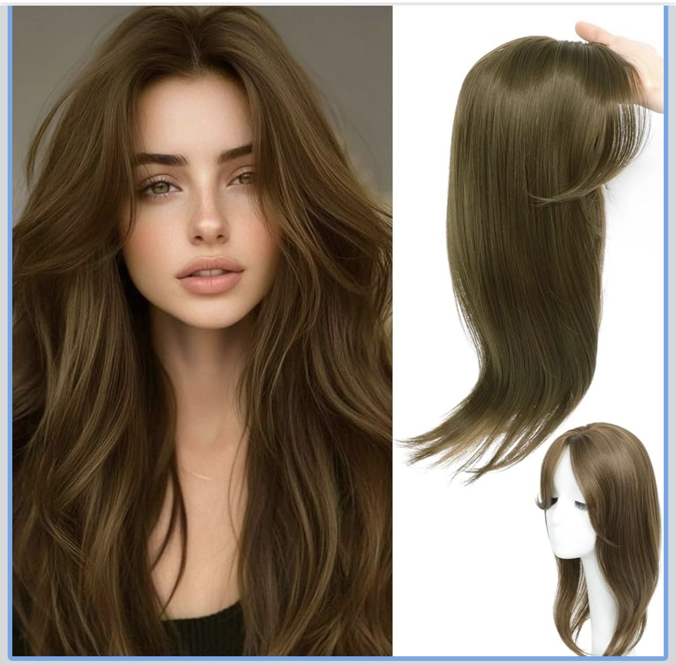 RMYHIG Hair Topper, 360° 3D Hair Toppers For Women With Thinning, 18 Inch Long Pieces For Women Clip In Side Bangs (Chestnut Brown, 3D Wispy Bangs)