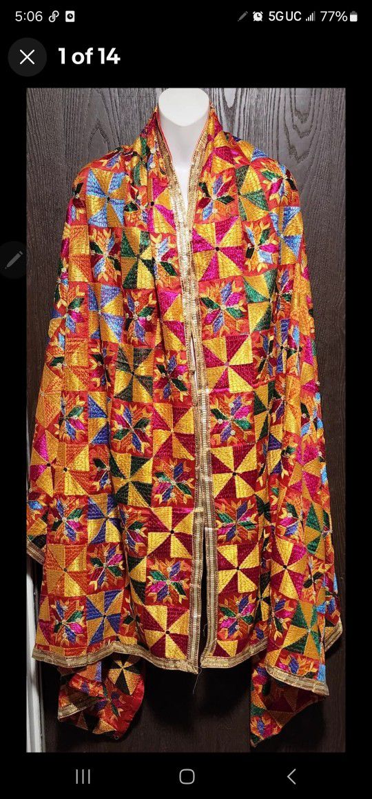 Bridal Bollywood Embroidered chiffon silk Phulkari dupatta multicolor scarf wrap shawl

