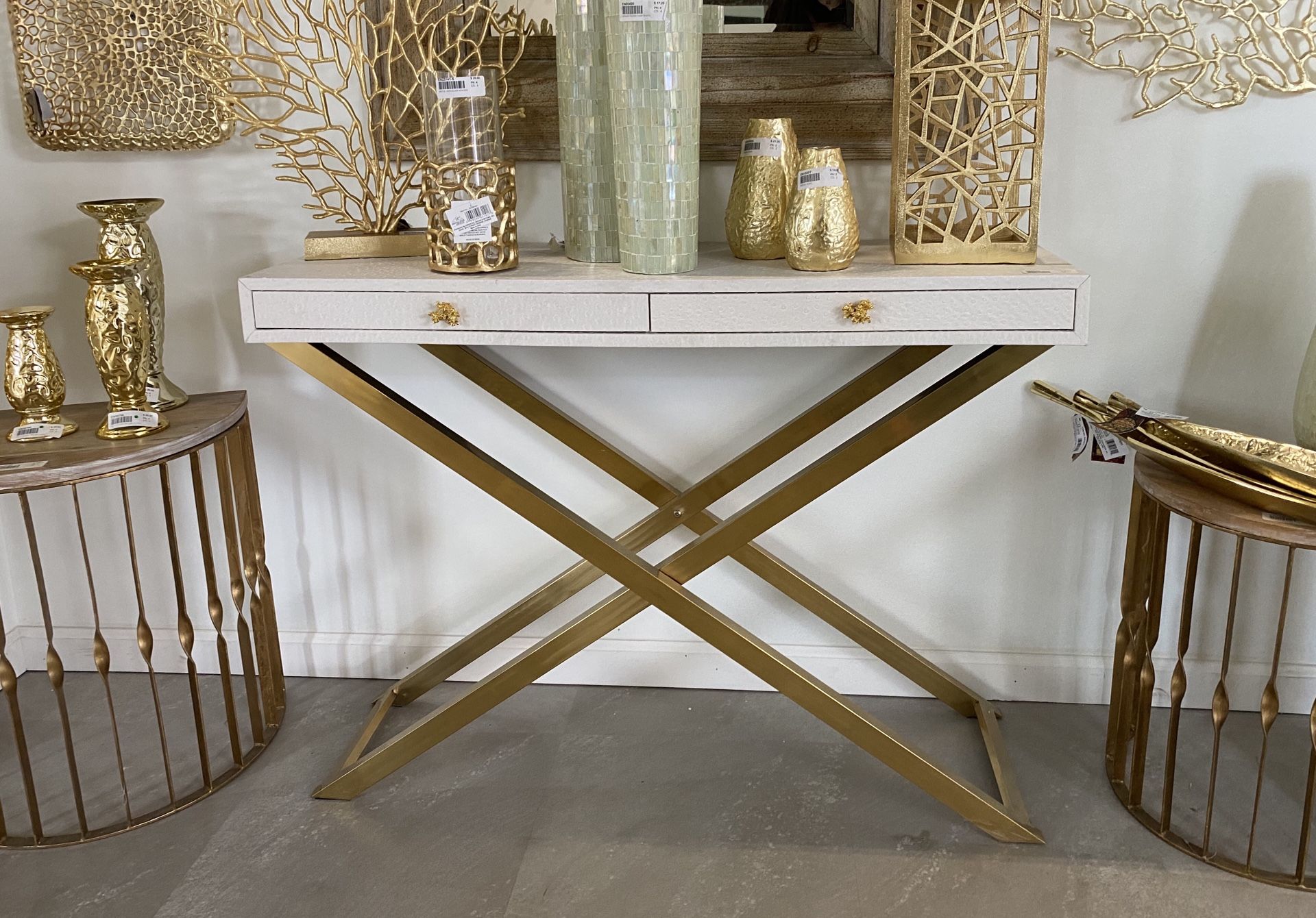 $145 - White/ Gold, Faux Leather & Meal, Console Table
