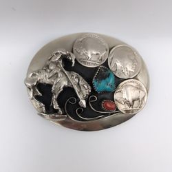 Vintage Southwestern Belt Buckle End of the Trail 3 Buffalo Nickels & Turquoise