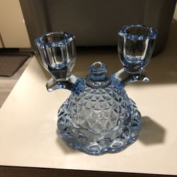 Antique light blue glass candle holder And Matching Fruit Bowl